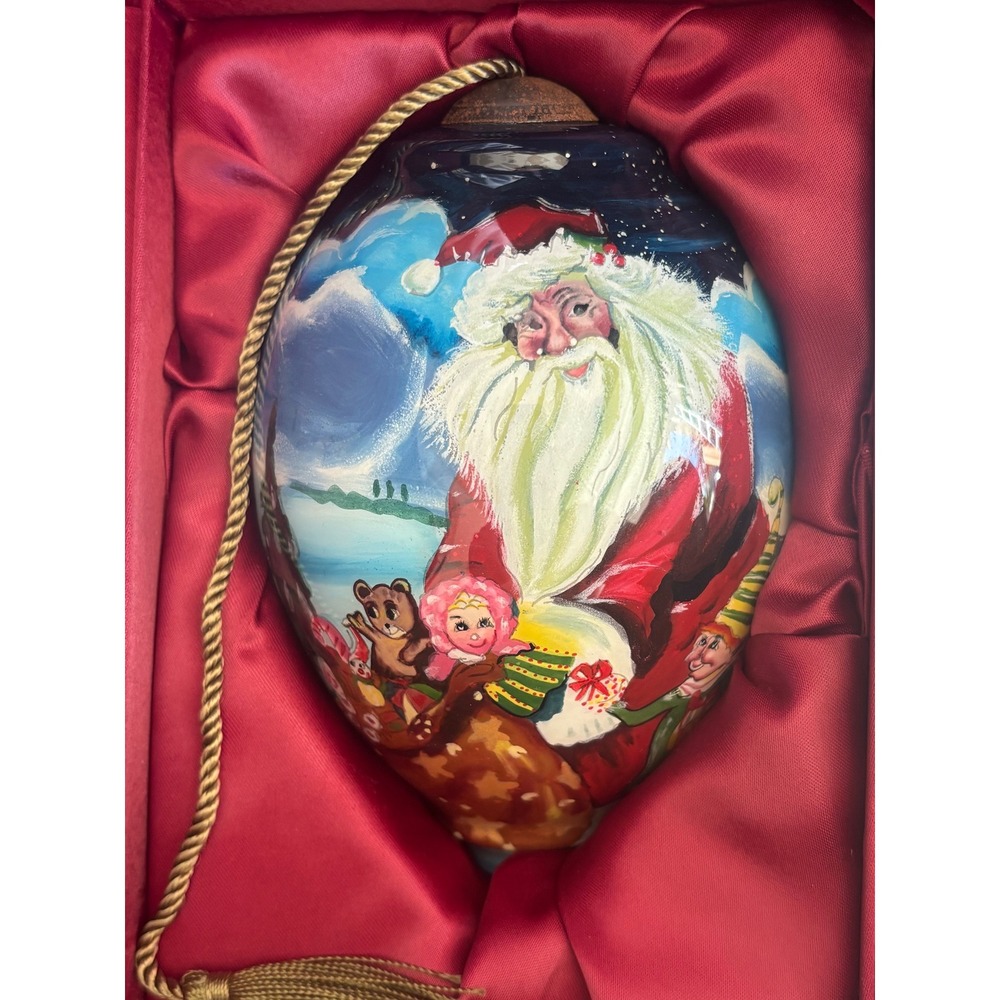 Ne'Qwa Art Hand Painted‎ Glass Ornament Santa Winter Scene Gift Boxed